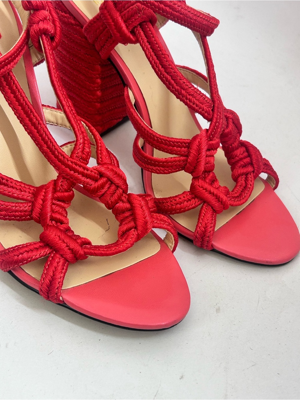 Cabi Tiptoe Rope Sandals Size 8 Hibiscus Red Ankle Strappy Block Heel - Picture 5 of 8